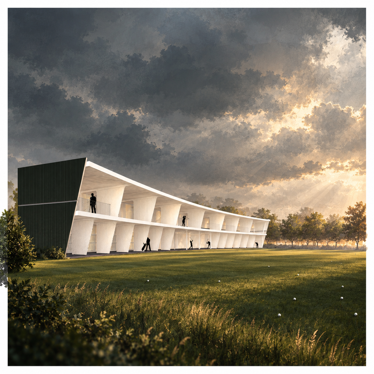 Driving Range – Visualisierung des zweigeschossigen Gebäudes am Golfplatz im Abendlicht