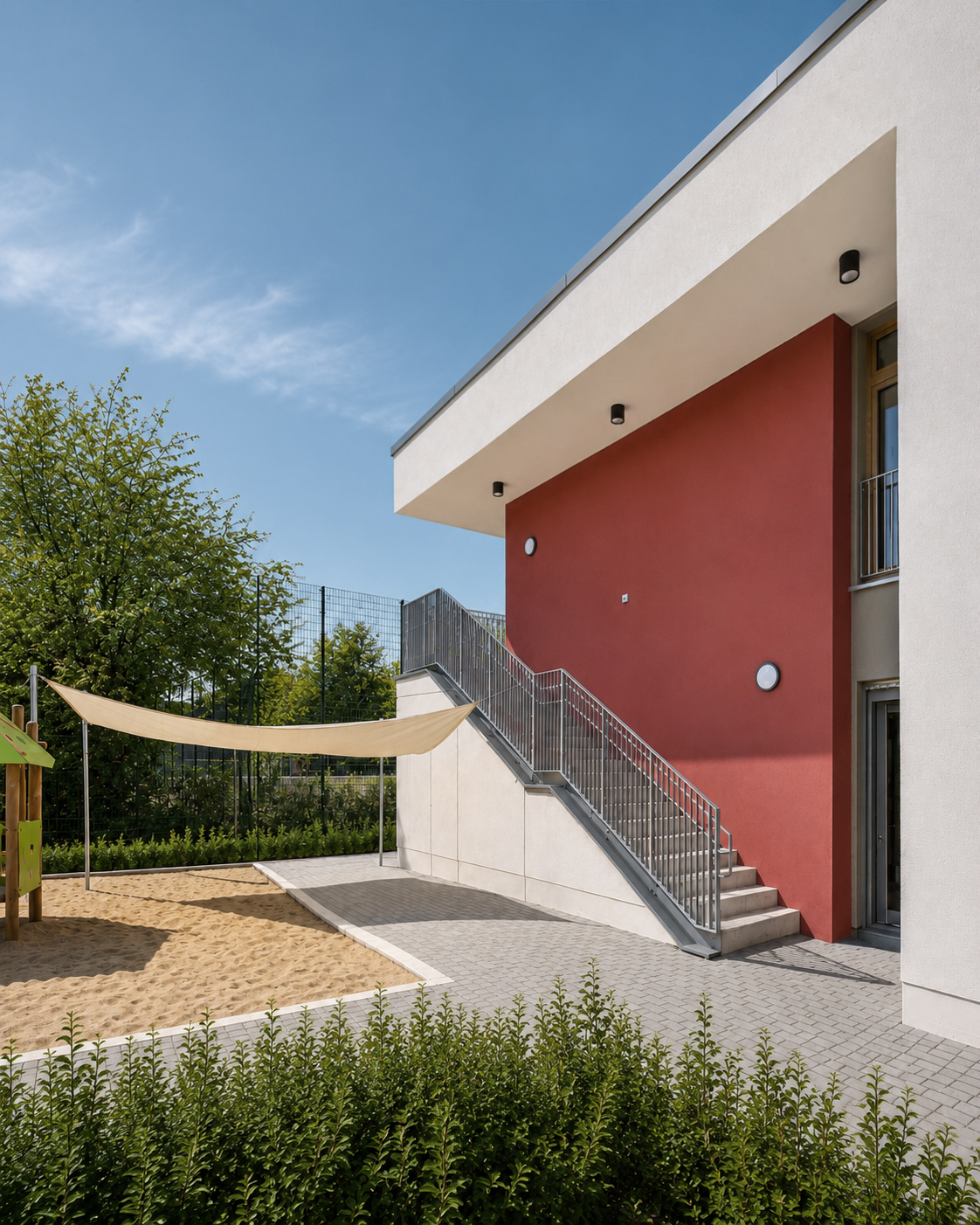 Außentreppe an der roten Fassade