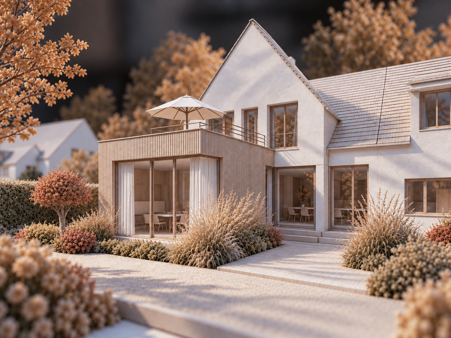 Wohnhaus AO – Modellvisualisierung der Gartenseite mit verglastem Anbau und Dachterrasse