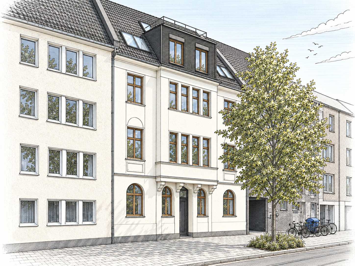 Wohnhaus P¹ – Visualisierung der Straßenfassade mit hellen Putzflächen, Holzfenstern und dunklem Dachaufbau