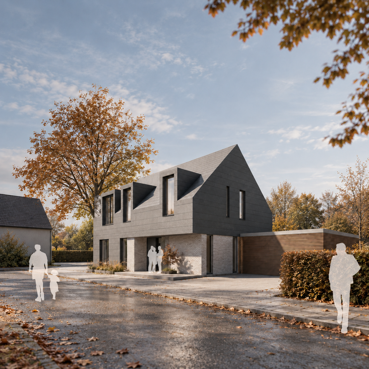 Wohnhaus S¹ – Visualisierung mit dunklem Satteldach und herbstlicher Straßenansicht in Gütersloh