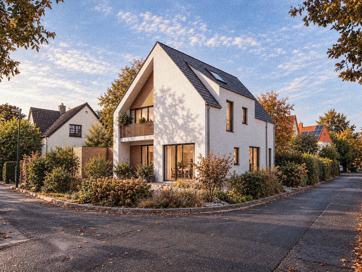 Wohnhaus W¹ – Visualisierung auf einem Eckgrundstück mit Satteldach, heller Putzfassade und holzbekleideter Loggia
